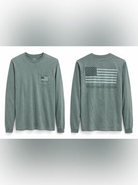 Vineyard Vines Men's Long-Sleeve Pocket Tee - Sage Green Flag Graphic